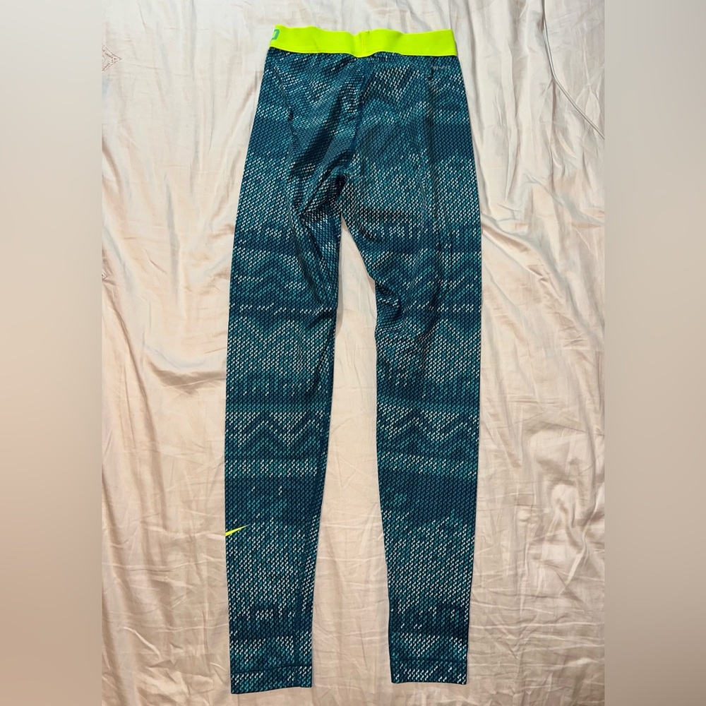 Nike Pro Leggings Blue Teal Neon Green Waistband Size XS - Picture 9 of 12